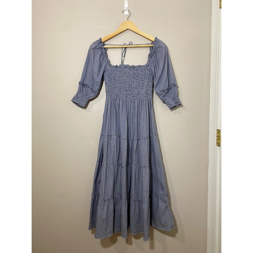 Hill House Nesli Nap Dress Blue Micro Gingham Smocked Tiered Midi Dress Sz SMALL - Picture 2 of 8